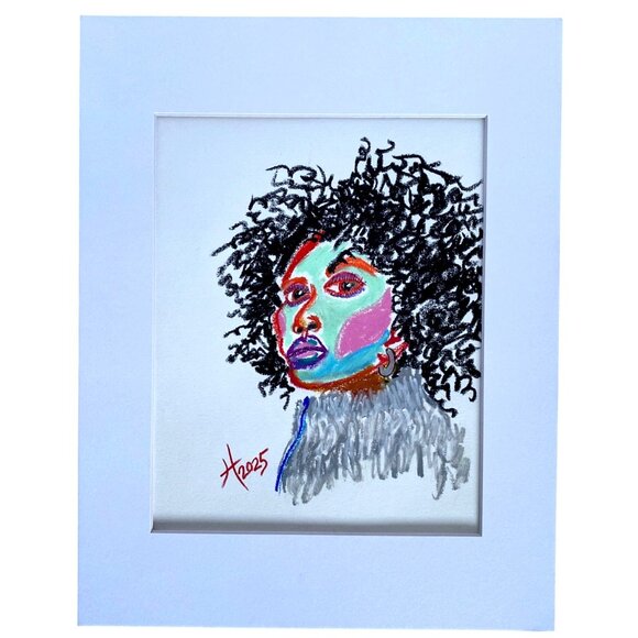 Winter Beauty Original Colorful Oil Pastel Portrait Painting 11x14in Matted - Picture 3 of 6